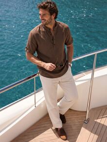 Genlund Men's Casual Tropical Modest V-Neck Short-Sleeve Shirt And Pants Linen Set, Summer, Vintage Style, Comfortable Outfit... Vacation Brown Off-White - Multicolor - View 1