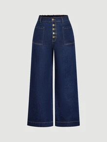 EMERY ROSE Plus Size Women's Button Fly Wide Leg Loose Casual Denim Jeans - Blue - View 4