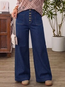EMERY ROSE Plus Size Women's Button Fly Wide Leg Loose Casual Denim Jeans - Blue - View 3