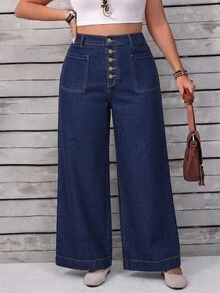 EMERY ROSE Plus Size Women's Button Fly Wide Leg Loose Casual Denim Jeans - Blue - View 9