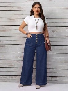 EMERY ROSE Plus Size Women's Button Fly Wide Leg Loose Casual Denim Jeans - Blue - View 10