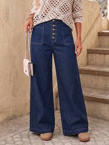 EMERY ROSE Plus Size Women's Button Fly Wide Leg Loose Casual Denim Jeans - Blue - View 1