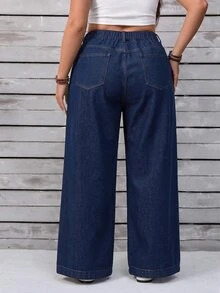 EMERY ROSE Plus Size Women's Button Fly Wide Leg Loose Casual Denim Jeans - Blue - View 12