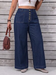 EMERY ROSE Plus Size Women's Button Fly Wide Leg Loose Casual Denim Jeans - Blue - View 11