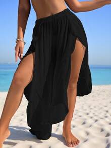 SHEIN Swim 女士夏季 1 件纯色荷叶边透明沙滩罩衫裤夏季 - 黑色 - 查看 7