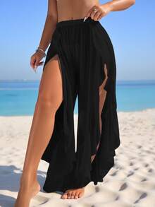 SHEIN Swim 女士夏季 1 件纯色荷叶边透明沙滩罩衫裤夏季 - 黑色 - 查看 8