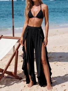 SHEIN Swim 女士夏季 1 件纯色荷叶边透明沙滩罩衫裤夏季 - 黑色 - 查看 5