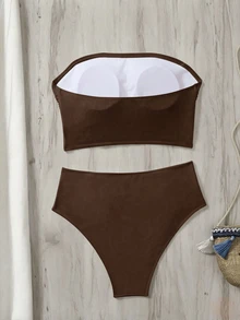 SHEIN Swim 女款純色平口比基尼套裝，雙側抓皺設計，海灘夏季穿搭 - 咖啡棕 - 查看 4