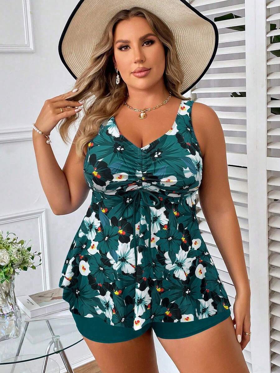 SHEIN Swim Curve Plus Size Women Summer Beach Tropical Plant Print Drawstring Bust Halter Bikini Dress Teal Tropical - Multicolor - View 1