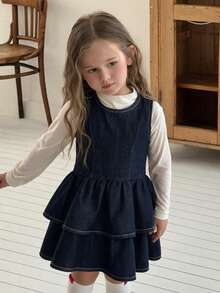 DAZY Young Girl) Round Neck Sleeveless Casual A-Line Denim Washed Denim Dress - Dark Wash - View 3