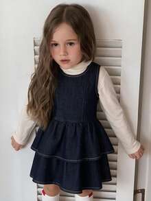 DAZY Young Girl) Round Neck Sleeveless Casual A-Line Denim Washed Denim Dress - Dark Wash - View 5