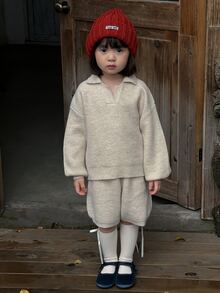 DAZY Bộ áo polo tay dài và quần short cho bé gái, phong cách thường ngày mùa thu - Màu Khaki - Xem 5