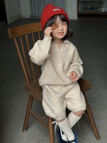DAZY Bộ áo polo tay dài và quần short cho bé gái, phong cách thường ngày mùa thu - Màu Khaki - Xem 7