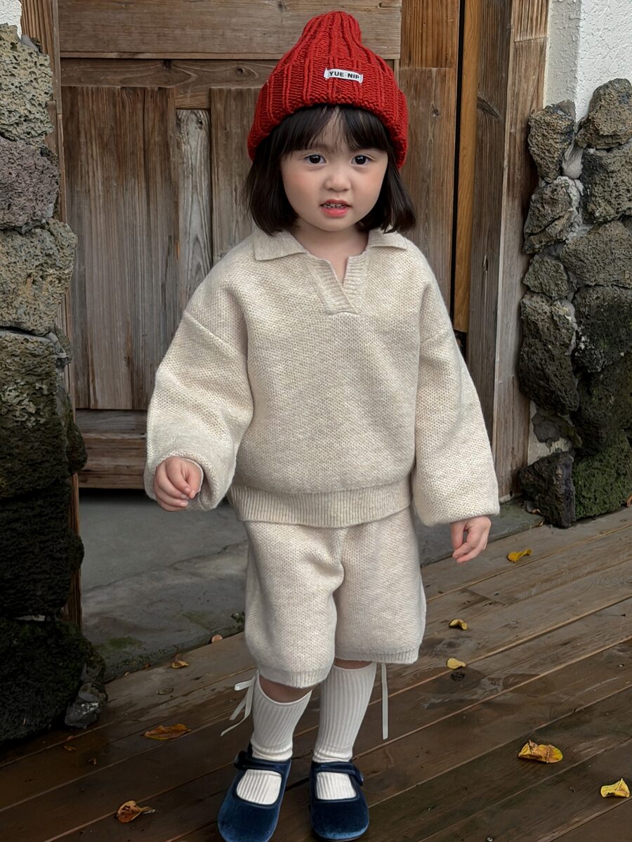 DAZY Bộ áo polo tay dài và quần short cho bé gái, phong cách thường ngày mùa thu - Màu Khaki - Xem 1