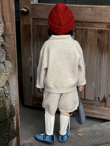 DAZY Bộ áo polo tay dài và quần short cho bé gái, phong cách thường ngày mùa thu - Màu Khaki - Xem 2