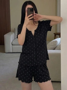 DAZY 2pcs Black And White Polka Dot Pattern Short Sleeve Short Cardigan Pajama Pants Set, Fall Women's Sleepwear Outfit Sleep Home Cute Casual - Black - View 3