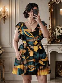 Rometta Plus Size Women's Ruffle V-Neck Cinched Waist Pleated A-Line Floral Print Vacation Elegant Romantic Dress, Suitable For Summer - Multicolor - View 4