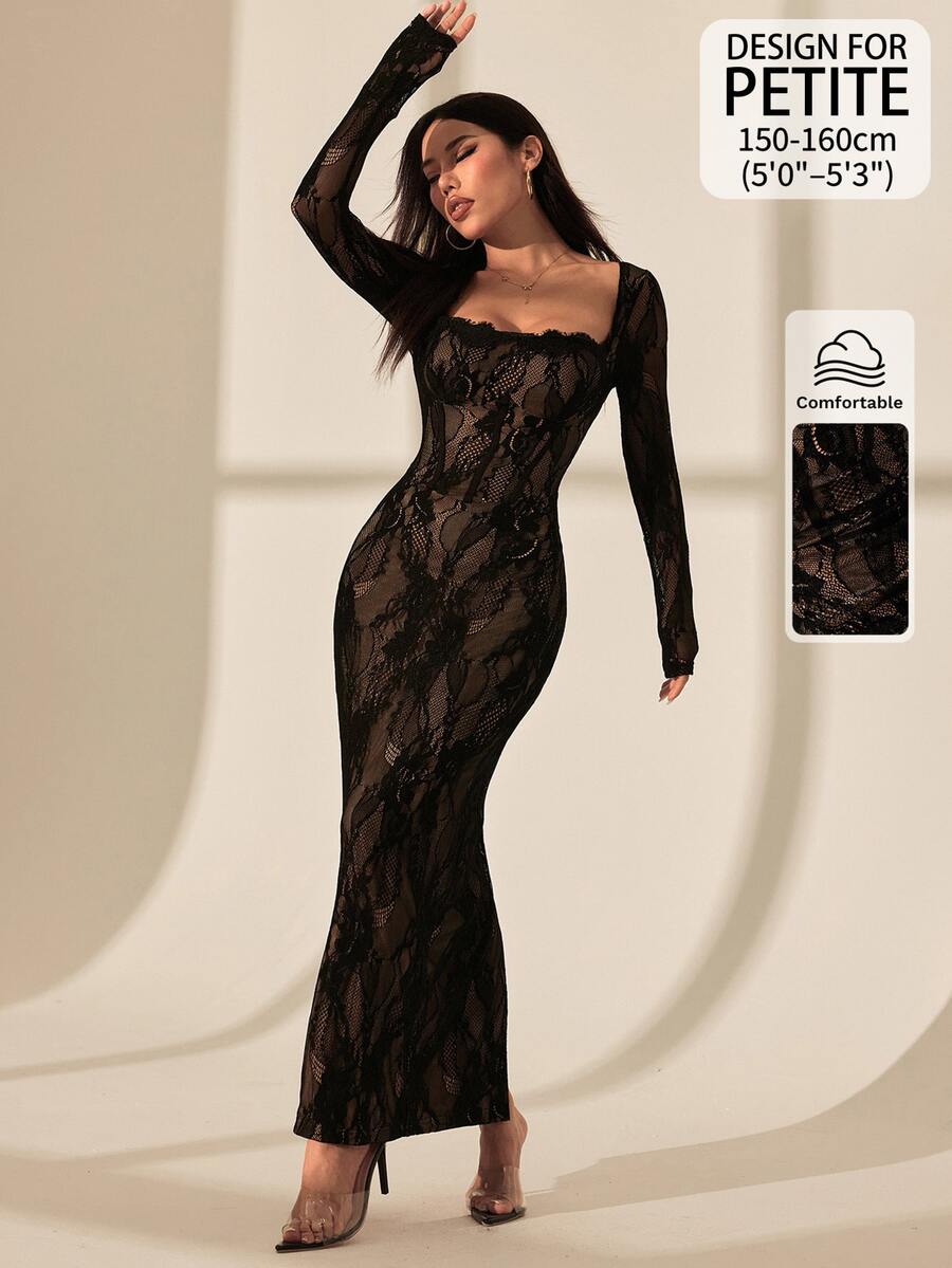 SHEIN PETITE 女款蕾絲方領性感約會派對洋裝