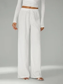 SHEIN Tall Celana Panjang Longgar dengan Tali Serut di Pinggang, Bahan Kain Bertekstur Kerut, Warna Putih, Kaki Lebar, Celana Linen Putih untuk Wanita, Wanita Tinggi - Putih - View 11