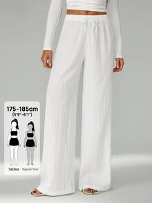 SHEIN Tall Celana Panjang Longgar dengan Tali Serut di Pinggang, Bahan Kain Bertekstur Kerut, Warna Putih, Kaki Lebar, Celana Linen Putih untuk Wanita, Wanita Tinggi - Putih - View 12