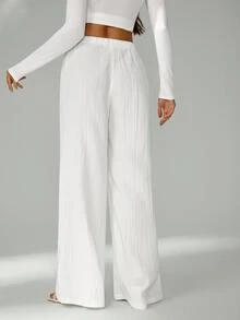 SHEIN Tall Celana Panjang Longgar dengan Tali Serut di Pinggang, Bahan Kain Bertekstur Kerut, Warna Putih, Kaki Lebar, Celana Linen Putih untuk Wanita, Wanita Tinggi - Putih - View 3