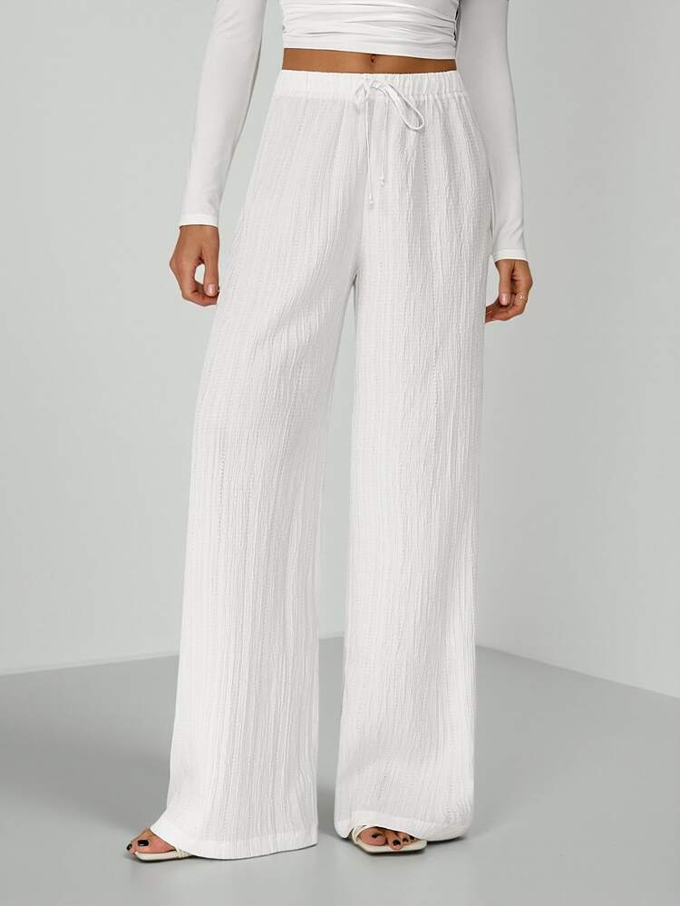 SHEIN Tall Loose Drawstring Waist Trousers In Textured Crinkle Fabric, Tall Women Beach White Autumn Casual - White - View 4