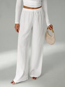 SHEIN Tall Celana Panjang Longgar dengan Tali Serut di Pinggang, Bahan Kain Bertekstur Kerut, Warna Putih, Kaki Lebar, Celana Linen Putih untuk Wanita, Wanita Tinggi - Putih - View 7
