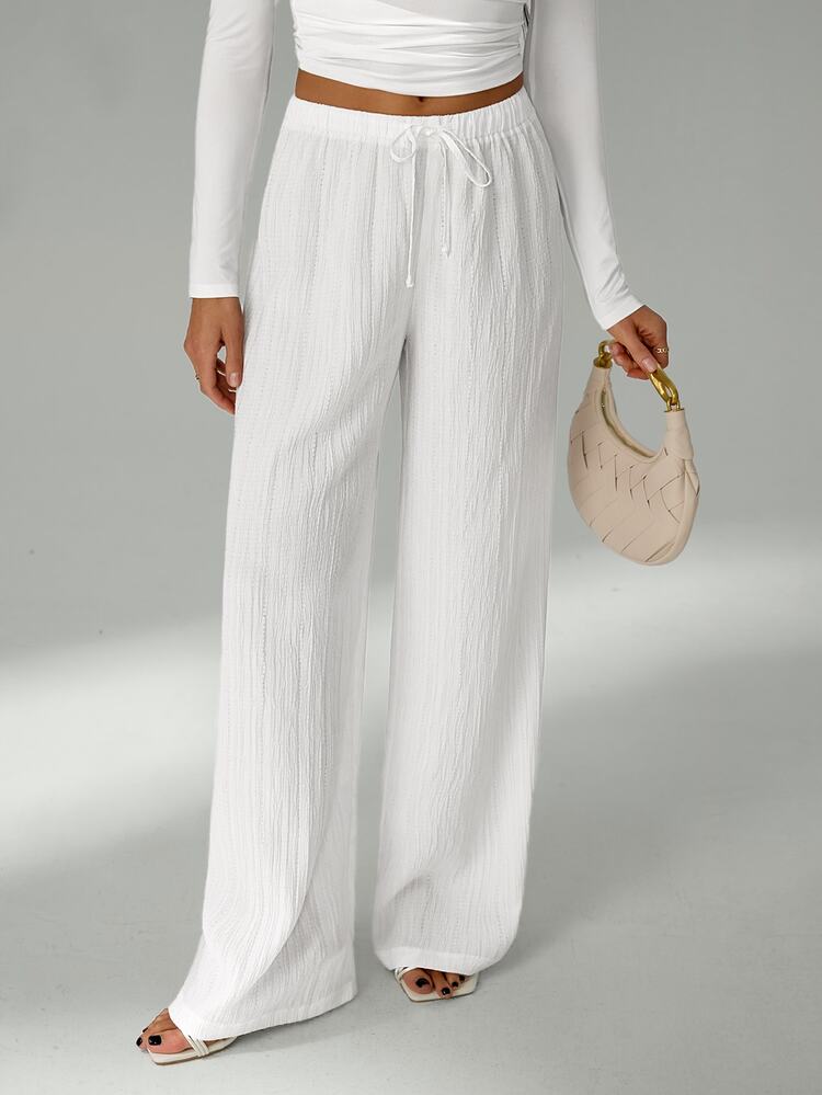 SHEIN Tall Loose Drawstring Waist Trousers In Textured Crinkle Fabric, Tall Women Beach White Autumn Casual - White - View 6