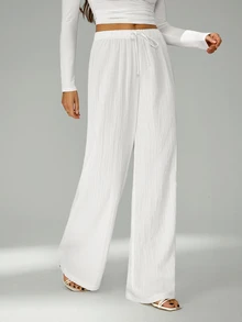 SHEIN Tall Celana Panjang Longgar dengan Tali Serut di Pinggang, Bahan Kain Bertekstur Kerut, Warna Putih, Kaki Lebar, Celana Linen Putih untuk Wanita, Wanita Tinggi - Putih - View 9