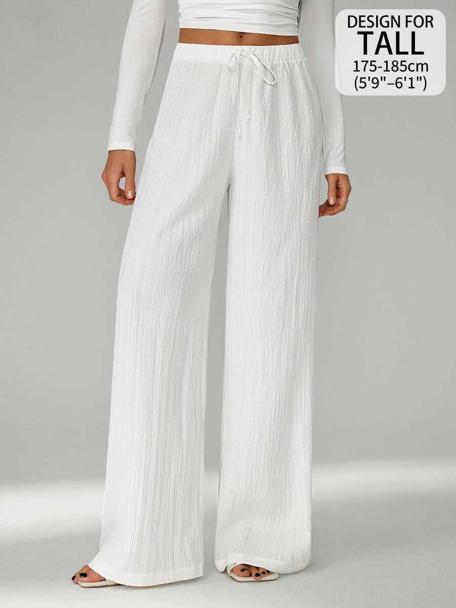 SHEIN Tall Celana Panjang Longgar dengan Tali Serut di Pinggang, Bahan Kain Bertekstur Kerut, Warna Putih, Kaki Lebar, Celana Linen Putih untuk Wanita, Wanita Tinggi