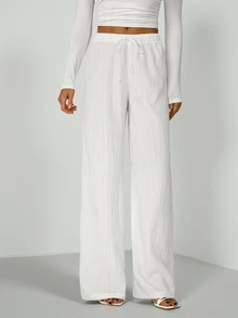 SHEIN Tall Celana Panjang Longgar dengan Tali Serut di Pinggang, Bahan Kain Bertekstur Kerut, Warna Putih, Kaki Lebar, Celana Linen Putih untuk Wanita, Wanita Tinggi - Putih - View 6