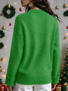 SHEIN Women's Fall Forest Green Round Neck Wool Blend Knit Sweater, Elegant Ribbed Folded Sleeve Pullover For Christmas, Holiday, Casual Daily Wear Brunch - Green - View 2