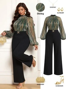 Femmeverse Plus Size Women's Fashion Sexy Halter Neck Pleated Metallic Fabric A-Line Lantern Sleeve Wide Leg Jumpsuit Fall - Multicolor - View 1