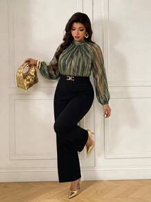 Femmeverse Plus Size Women's Fashion Sexy Halter Neck Pleated Metallic Fabric A-Line Lantern Sleeve Wide Leg Jumpsuit Fall - Multicolor - View 5
