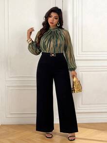 Femmeverse Plus Size Women's Fashion Sexy Halter Neck Pleated Metallic Fabric A-Line Lantern Sleeve Wide Leg Jumpsuit Fall - Multicolor - View 3