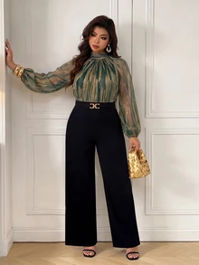 Femmeverse Plus Size Women's Fashion Sexy Halter Neck Pleated Metallic Fabric A-Line Lantern Sleeve Wide Leg Jumpsuit Fall - Multicolor - View 4