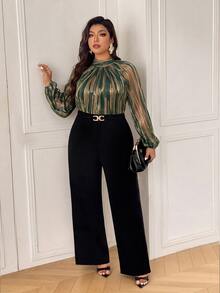 Femmeverse Plus Size Women's Fashion Sexy Halter Neck Pleated Metallic Fabric A-Line Lantern Sleeve Wide Leg Jumpsuit Fall - Multicolor - View 6