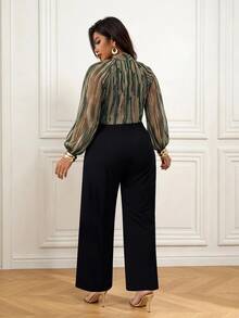 Femmeverse Plus Size Women's Fashion Sexy Halter Neck Pleated Metallic Fabric A-Line Lantern Sleeve Wide Leg Jumpsuit Fall - Multicolor - View 2
