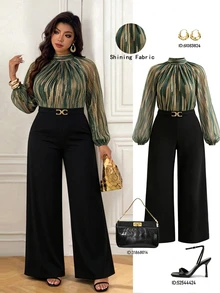 Femmeverse Plus Size Women's Fashion Sexy Halter Neck Pleated Metallic Fabric A-Line Lantern Sleeve Wide Leg Jumpsuit Fall - Multicolor - View 7