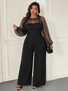 Femmeverse Women Plus Size Elegant Party Tulle Sequin Trim Shawl Strapless Two Pieces Wide Leg Jumpsuit Fall - Black - View 6