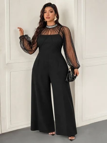 Femmeverse Women Plus Size Elegant Party Tulle Sequin Trim Shawl Strapless Two Pieces Wide Leg Jumpsuit Fall - Black - View 3