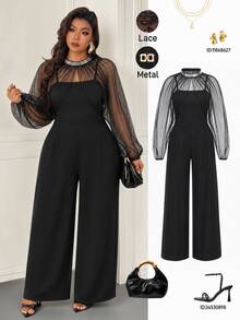 Femmeverse Women Plus Size Elegant Party Tulle Sequin Trim Shawl Strapless Two Pieces Wide Leg Jumpsuit Fall - Black - View 7