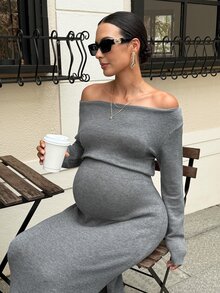 MaterniWear فستان كنزة شتوي للحوامل بكتف مكشوف وفتحة جانبية - رمادي - مشاهدة 5