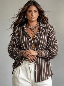 Ceyna Plus Size Vintage Boho Striped Print Long Sleeve Shirt, Loose Fit Flattering Lapel Single-Breasted Casual Commute Outerwear Top Fall Brown Formal - Coffee Brown - View 6