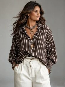 Ceyna Plus Size Vintage Boho Striped Print Long Sleeve Shirt, Loose Fit Flattering Lapel Single-Breasted Casual Commute Outerwear Top Fall Brown Formal - Coffee Brown - View 1
