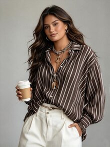 Ceyna Plus Size Vintage Boho Striped Print Long Sleeve Shirt, Loose Fit Flattering Lapel Single-Breasted Casual Commute Outerwear Top Fall Brown Formal - Coffee Brown - View 4