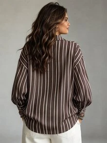 Ceyna Plus Size Vintage Boho Striped Print Long Sleeve Shirt, Loose Fit Flattering Lapel Single-Breasted Casual Commute Outerwear Top Fall Brown Formal - Coffee Brown - View 2