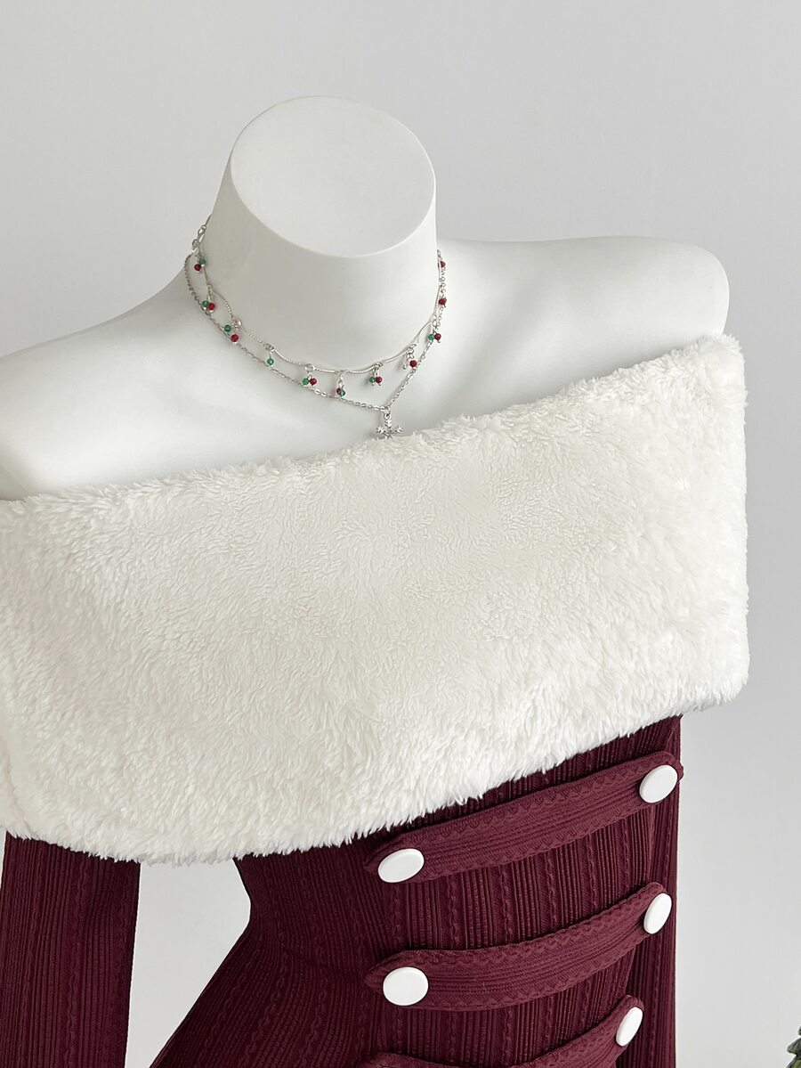 Mori Grove Mori Grove Women's Autumn/Winter Christmas Burgundy Napoleon Plush Patchwork Off-Shoulder Fitted Mini Bodycon Dress - Burgundy - View 1