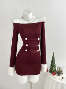 Mori Grove Mori Grove Women's Autumn/Winter Christmas Burgundy Napoleon Plush Patchwork Off-Shoulder Fitted Mini Bodycon Dress - Burgundy - View 6