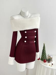 Mori Grove Mori Grove Women's Autumn/Winter Christmas Burgundy Napoleon Plush Patchwork Off-Shoulder Fitted Mini Bodycon Dress - Burgundy - View 4